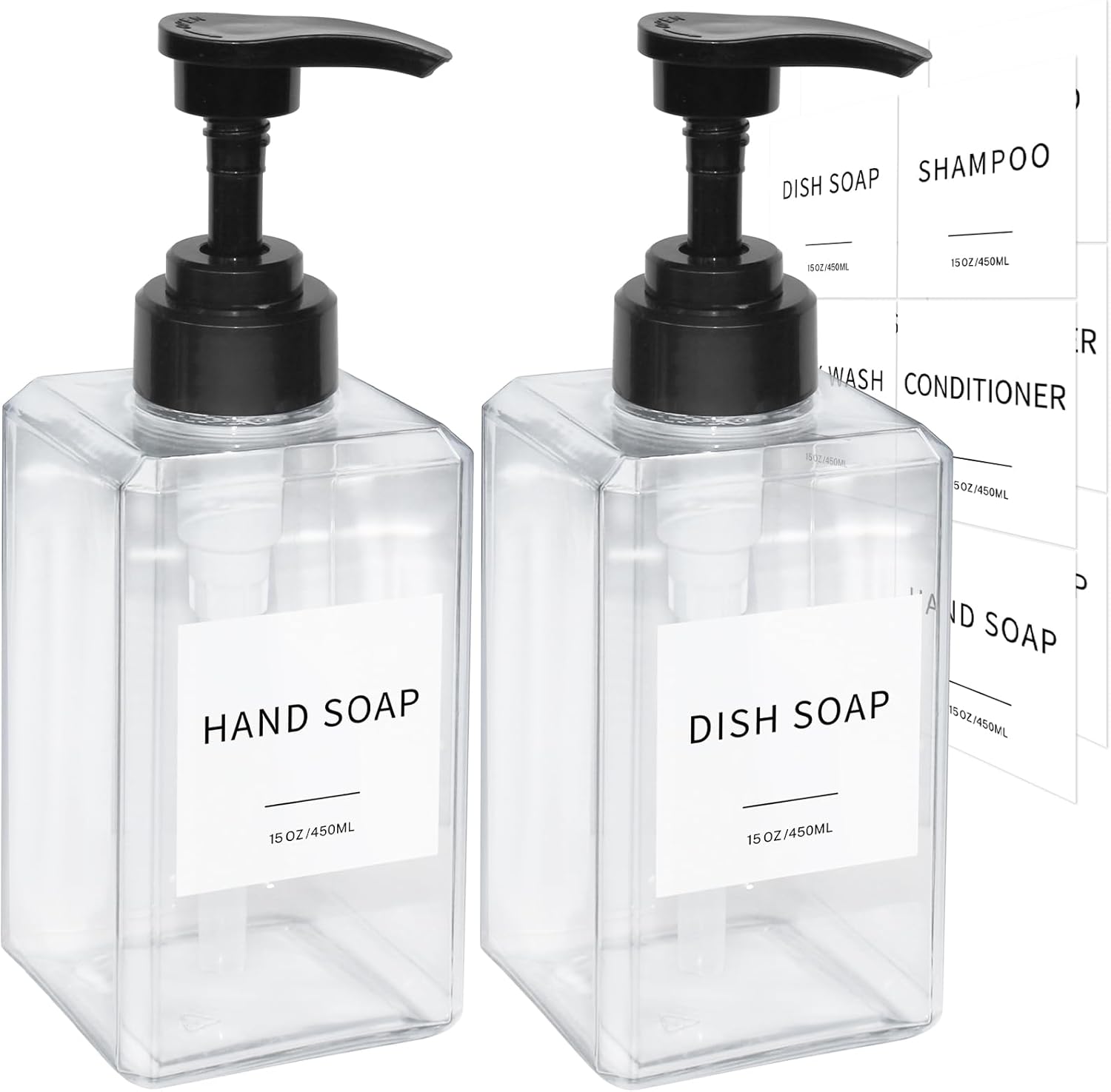 Skiennix Clear Soap Dispenser - Waterproof Labels & Thickened Plastic | 15oz 2-Pack for Kitchen & Bathroom