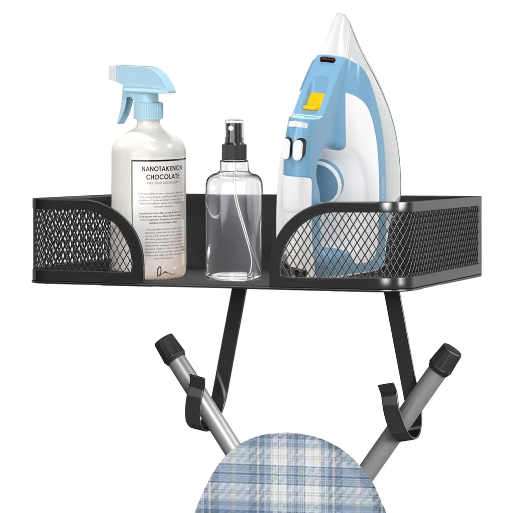MVRPOWER Ironing Board Holder Wall Mount, Ironing Board Hanger, Laundry Room Decor Organization and Storage with Large Storage Grid Base Basket and Hooks(T&V Shaped)