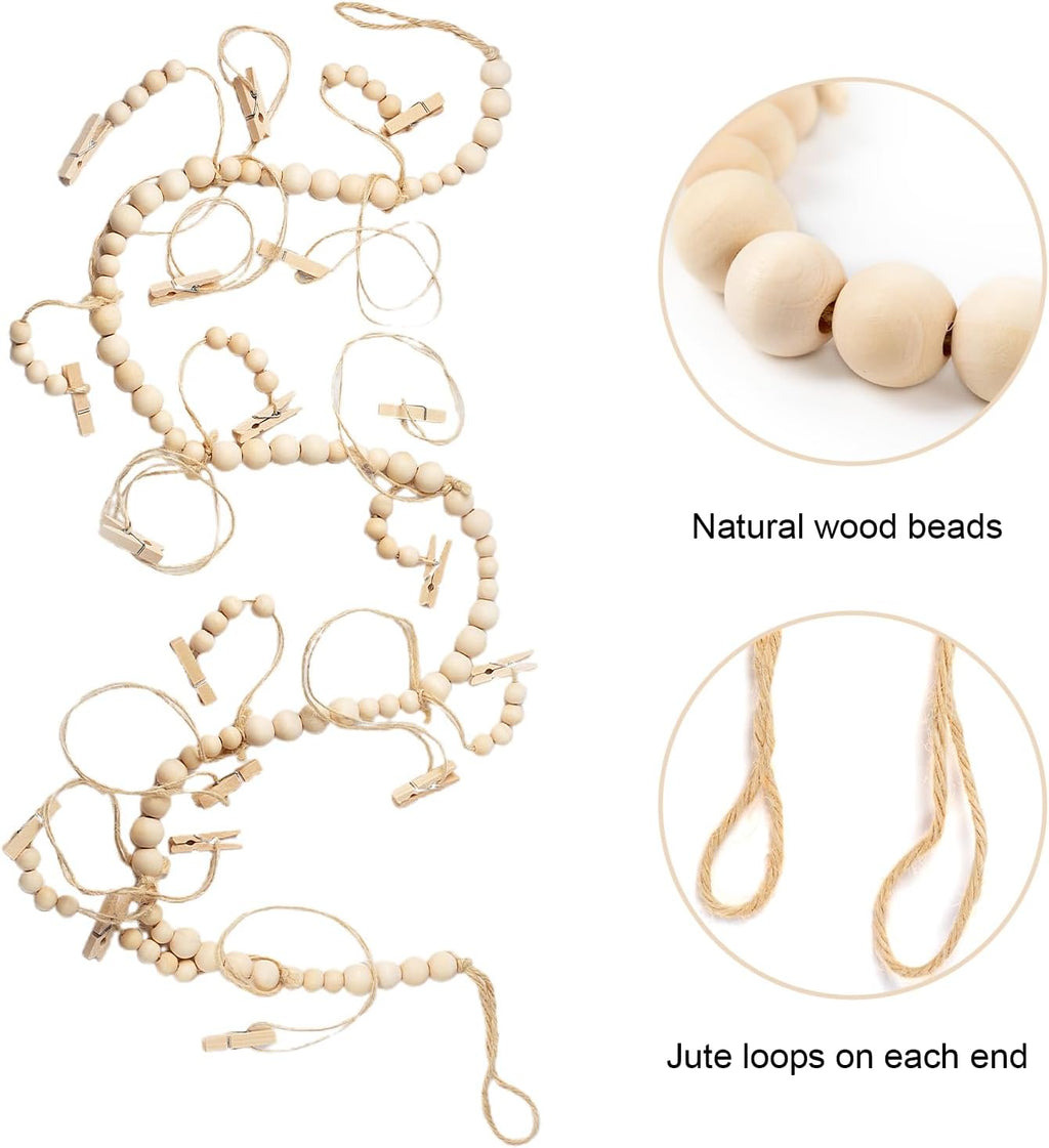 Skiennix Hanging Photo Display - 18 Wood Clips & Boho Wooden Bead Wall Décor for Bedroom & Living Room