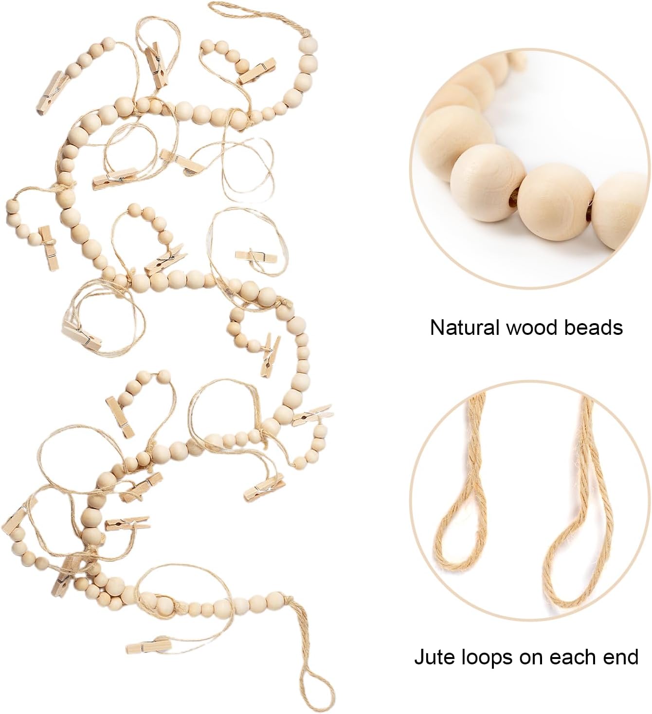 Skiennix Hanging Photo Display - 18 Wood Clips & Boho Wooden Bead Wall Décor for Bedroom & Living Room