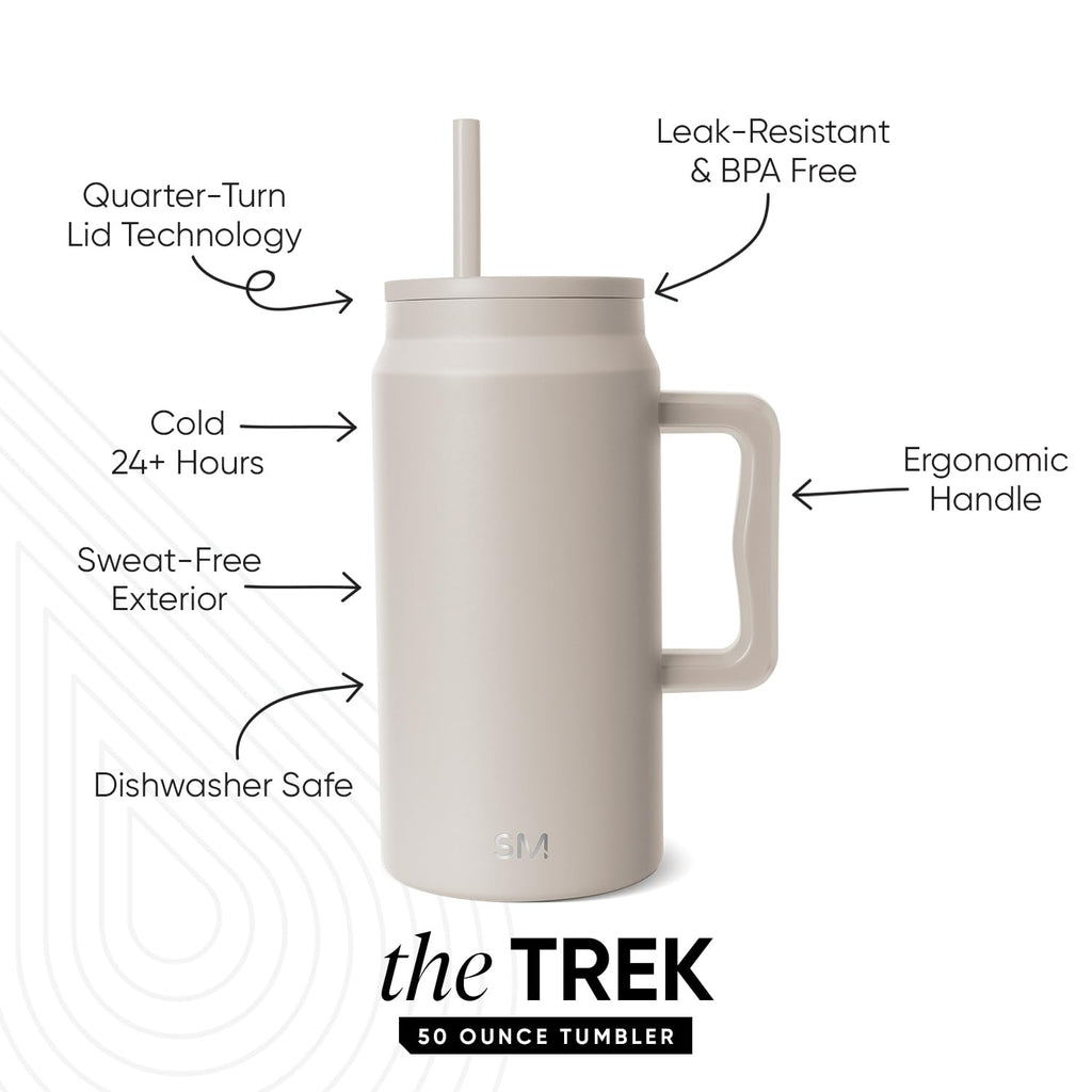 Simple Modern 50 oz Mug Tumbler with Handle and Straw Lid | Reusable Insulated Stainless Steel Large Travel Jug Water Bottle | Gifts for Women Men Him Her | Trek Collection | Almond Birch