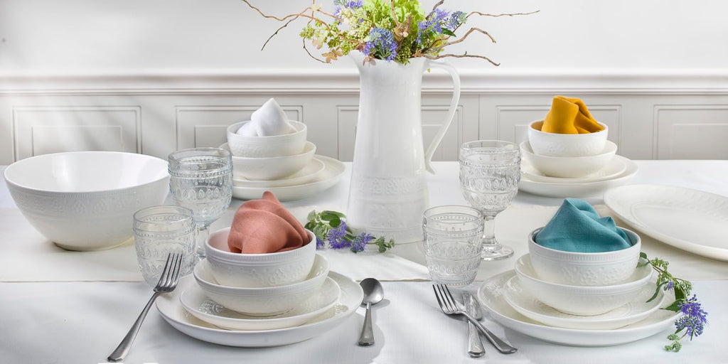Euro Ceramica Fez Collection Stoneware Durable White 16-Piece Double Bowl Dinnerware Set, Teardrop Mandala design, Service for 4 with two sizes bowls assorted