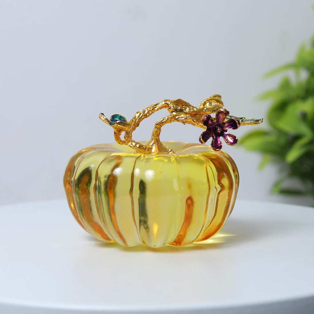 Skiennix Crystal Glass Pumpkin Decoration - Elegant Yellow with Gold Leaf Accent