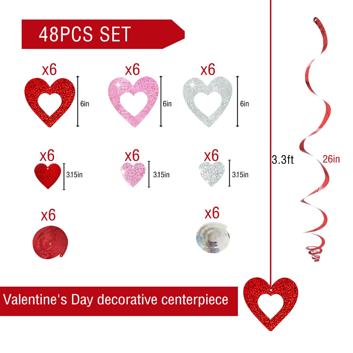 48 Pcs Valentine's Day Decorations Glitter Heart Hanging Swirls,Hanging Love Heart Swirls Wedding Party Supplies Decorations, Anniversary, Ceiling Decor.