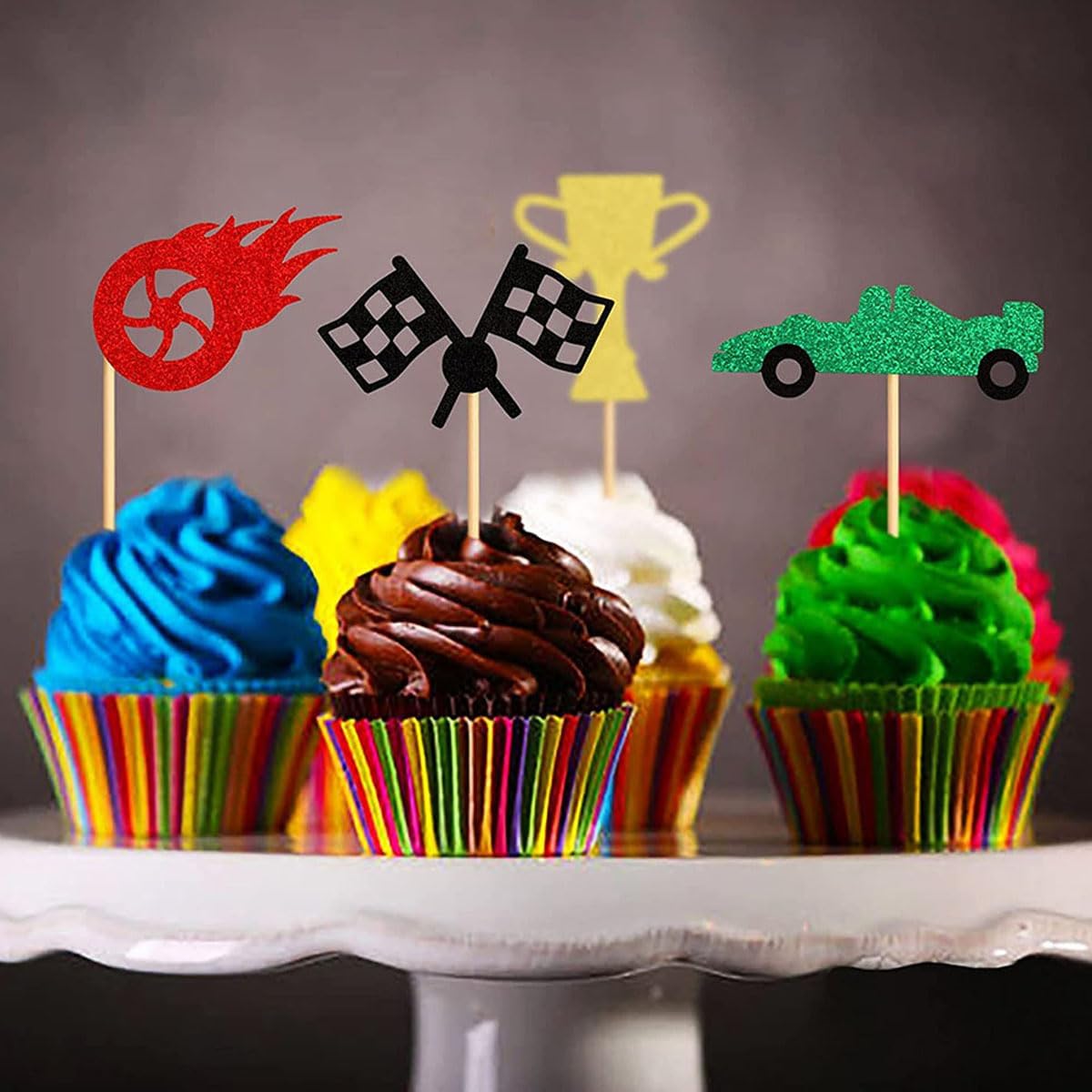 Skiennix 24Pcs Race Car Cupcake Toppers - Glitter Trophy Flags & Wheels for Racing Theme Parties