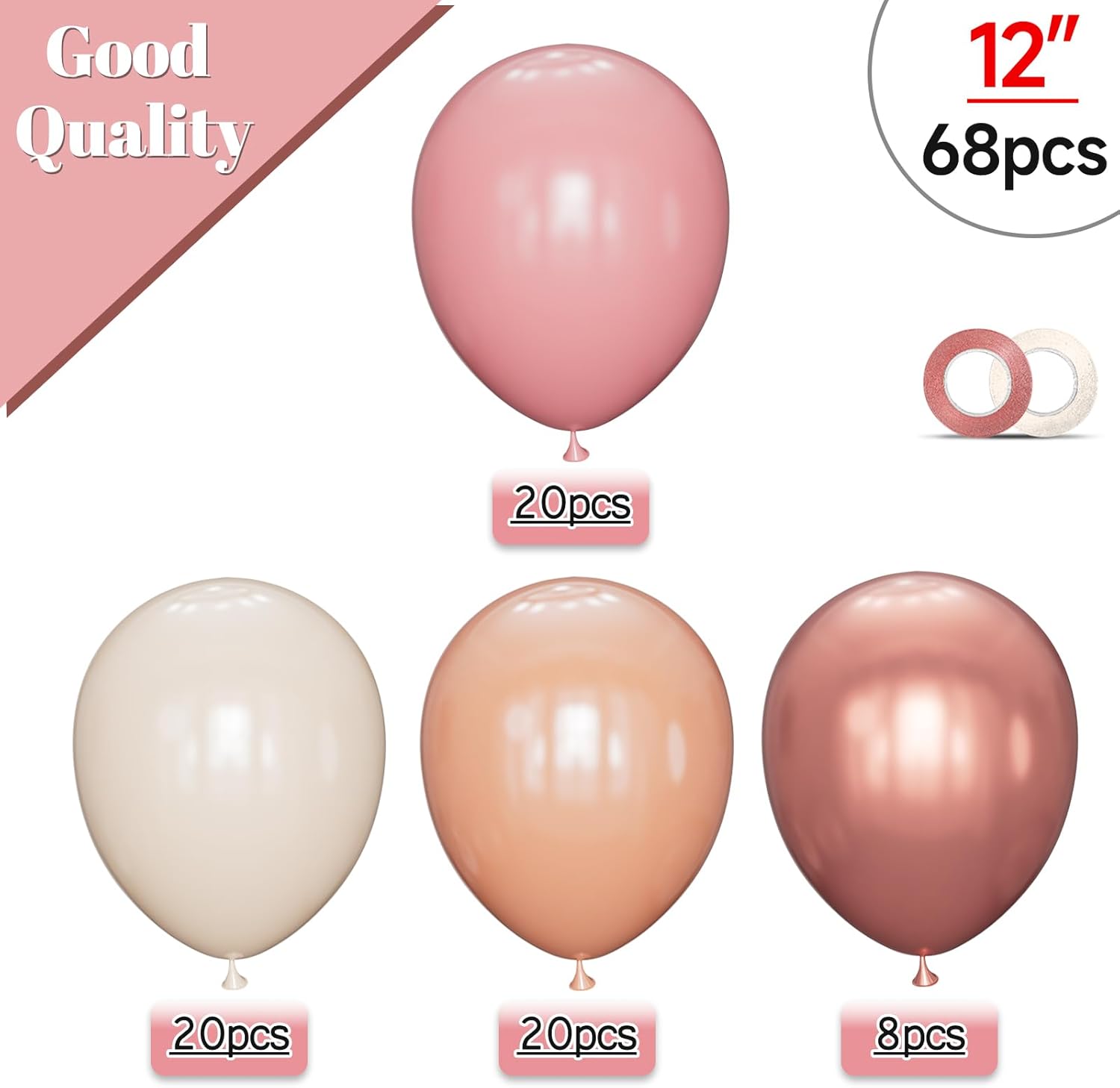 Regine Switzerland 68 Pcs Retro Pink Party Balloons - 12 Inch Dusty Pink & Metallic Rose Gold for Girls' Birthday & Baby Showers