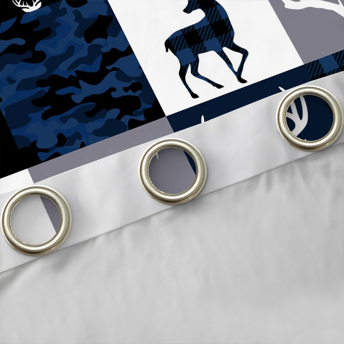 Camo Deer Antlers Blackout Curtains,Geometric Plaid Patchwork Window Drapes for Kids Teens Girls Boys,Boho Arrow Xmas Blue Grey Window Treatments Grommet Top 2 Panel Set Bedroom Curtains,42Wx63L inch