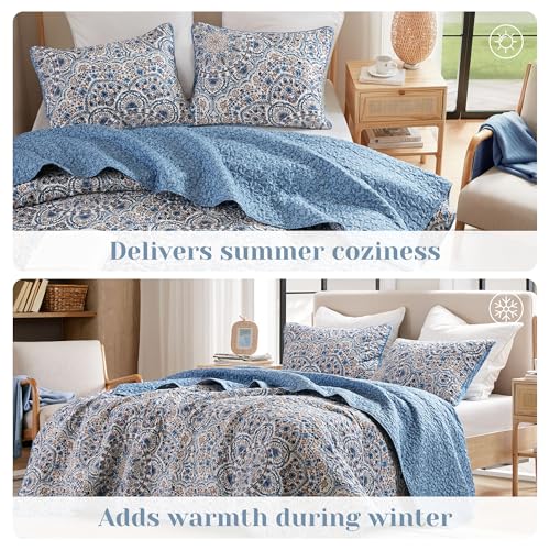 Comfort Spaces Valerie Boho Quilt Set Twin/Twin XL Blue - Soft Reversible Watercolor Medallion Bedding, Lightweight All Season Bedspread for Kids Teens Dorm Guest Room