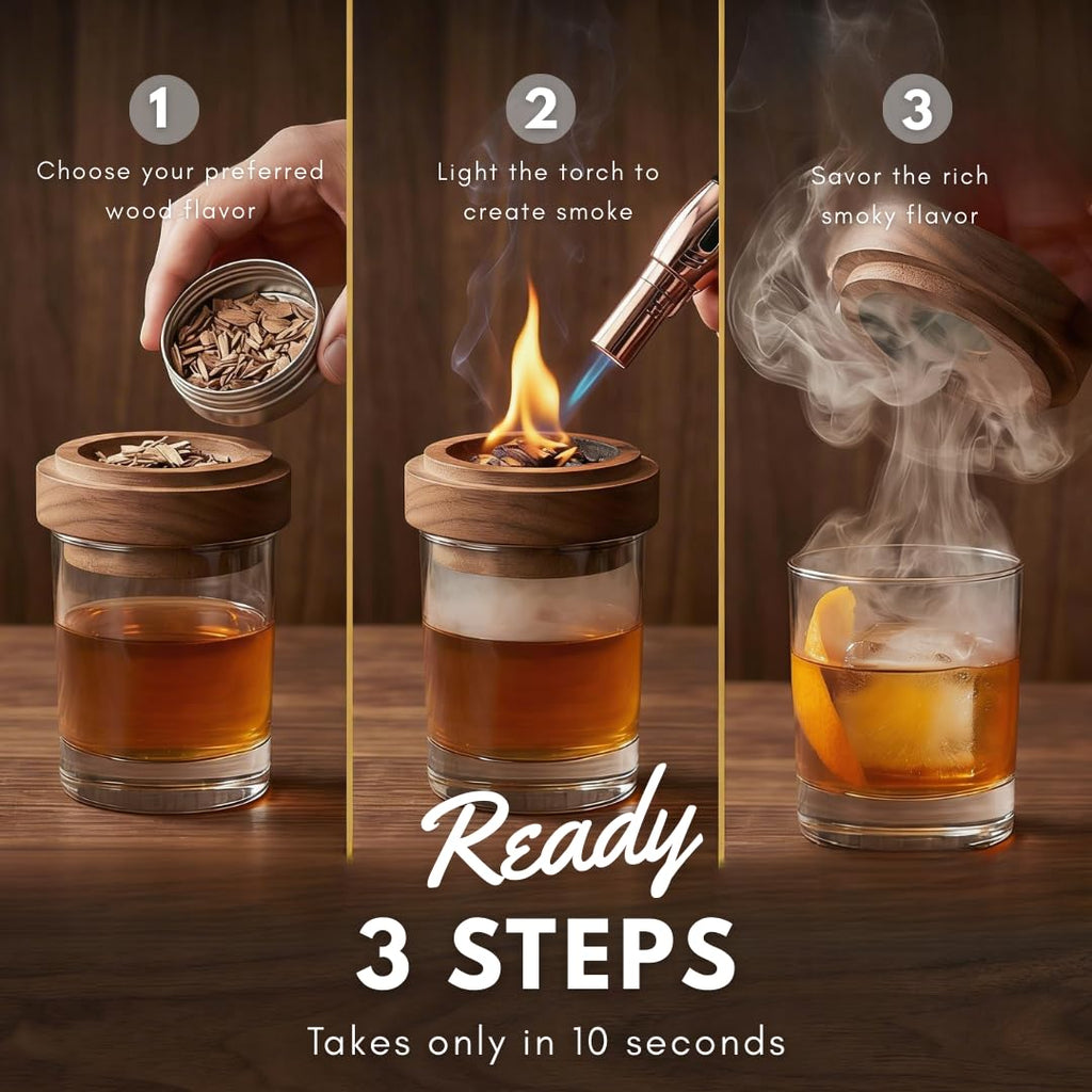Whiskey Smoker Kit – Cocktail Smoking Kit for Smoked Whiskey, Bourbon & Old Fashioned Drinks, Wooden Gift Box Set with 6 Wood Chip Flavors and Smoking Tools