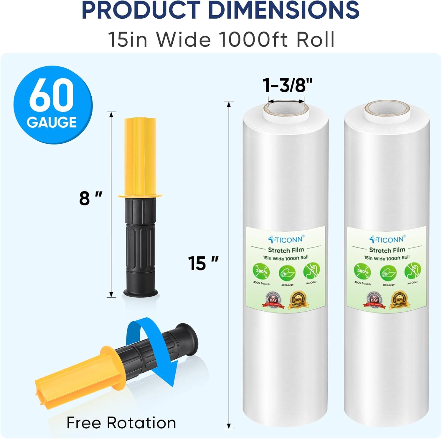 TICONN Stretch Wrap - 1000ft Industrial Strength Clear Plastic Film Roll with Handles | 15 Inch Wide for Pallet Wrapping