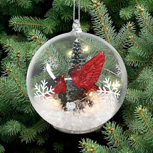 Lighted Cardinal Christmas Ornament - 4 Inch Snow Globe with Red Cardinals