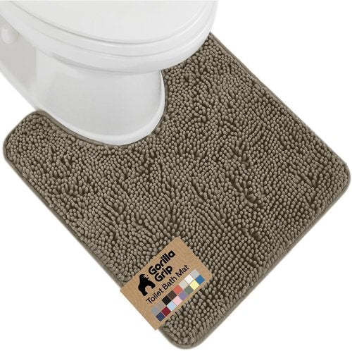 Gorilla Grip Shaggy Chenille Bath Rug Mat - Plush Absorbent Toilet Contour Mat | Machine Washable, 22" x 19" x 15", Latte