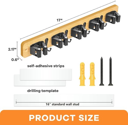 IMILLET Broom Holder Wall Mount - Bamboo Mop Organizer with 5 Racks & 4 Hooks | Home Storage Solution