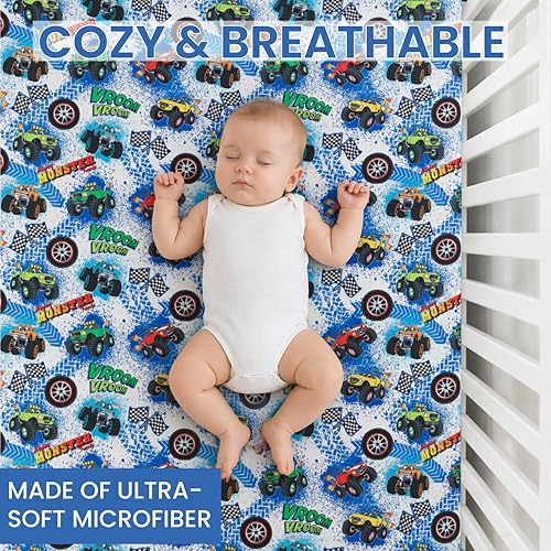 Monster Trucks Fitted Baby Crib Sheet - 1 Pack, Soft & Breathable
