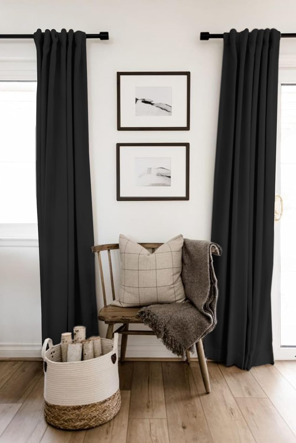 Skiennix 100% Blackout Linen Curtains - Thermal Insulated Drapes for Bedroom | 50" W x 63" L, Black