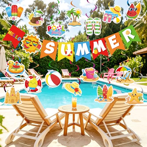 Summer Party Decorations Set - Summer.rich Tropical Banner & Hanging Swirls