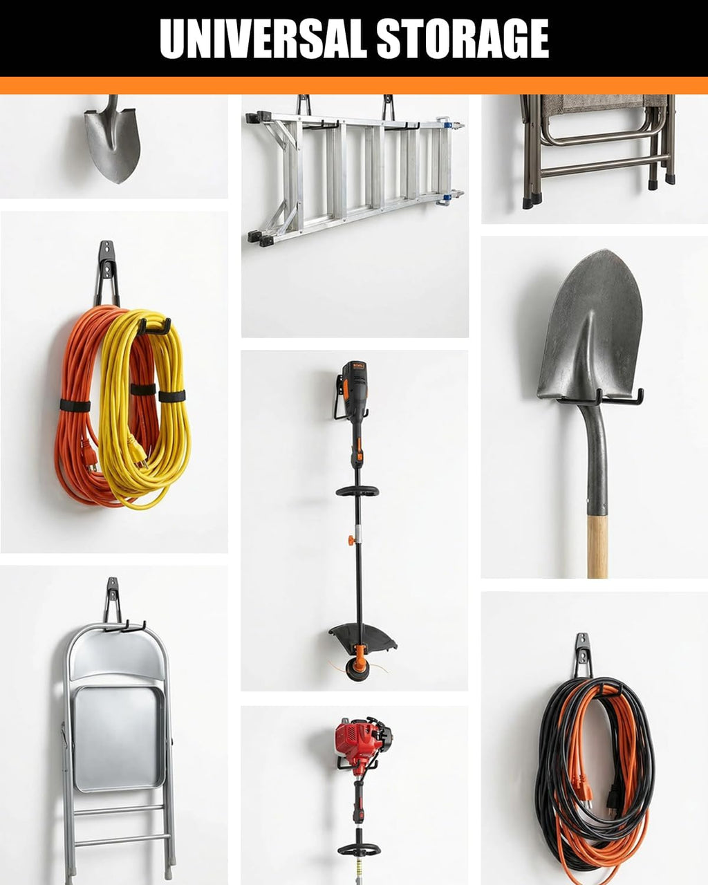 WMK Heavy Duty Garage Hooks - 7.3'' Wall Mount Utility Hooks for Tools & Bikes | 4 Pack (Orange)
