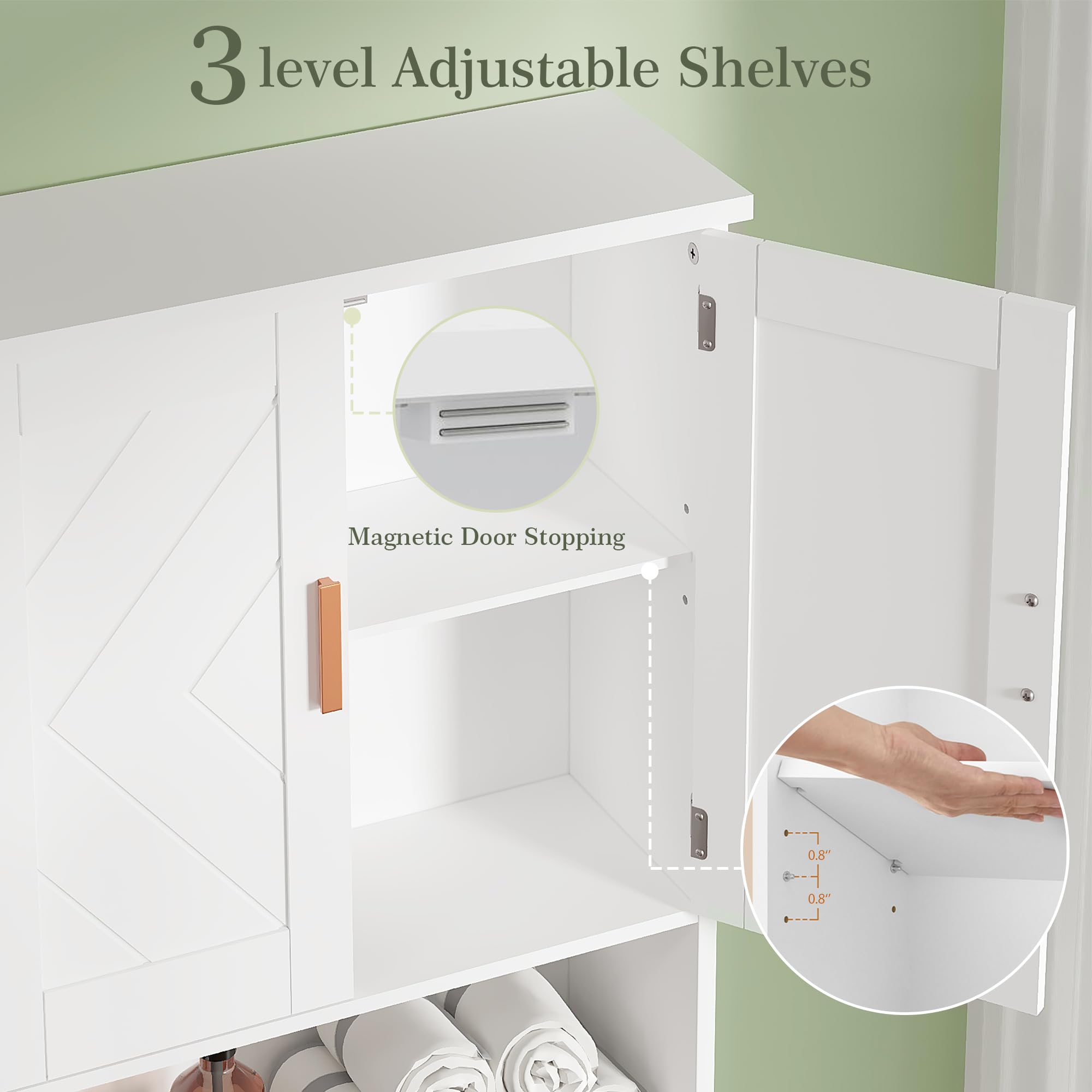 VECELO Over The Toilet Storage Cabinet, Over Toilet Bathroom Shelf with Double Doors and Anti-Tip Device, Inner Adjustable Shelf, White