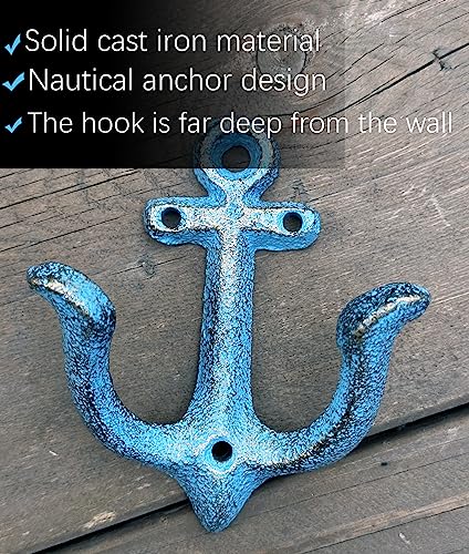 KiaoTime Blue Nautical Anchor Wall Hook - Rustic Cast Iron Coat Rack