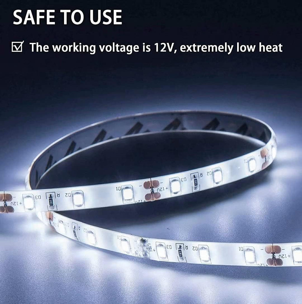 GUOTONG White LED Strip Lights, Waterproof cuttable 300 SMD 2835 LED Tape, 6000K 12V 16.4ft/5m Flexible Ribbon, Kitchen Cabinet Lighting, Outdoor/Indoor (No Power Supply)