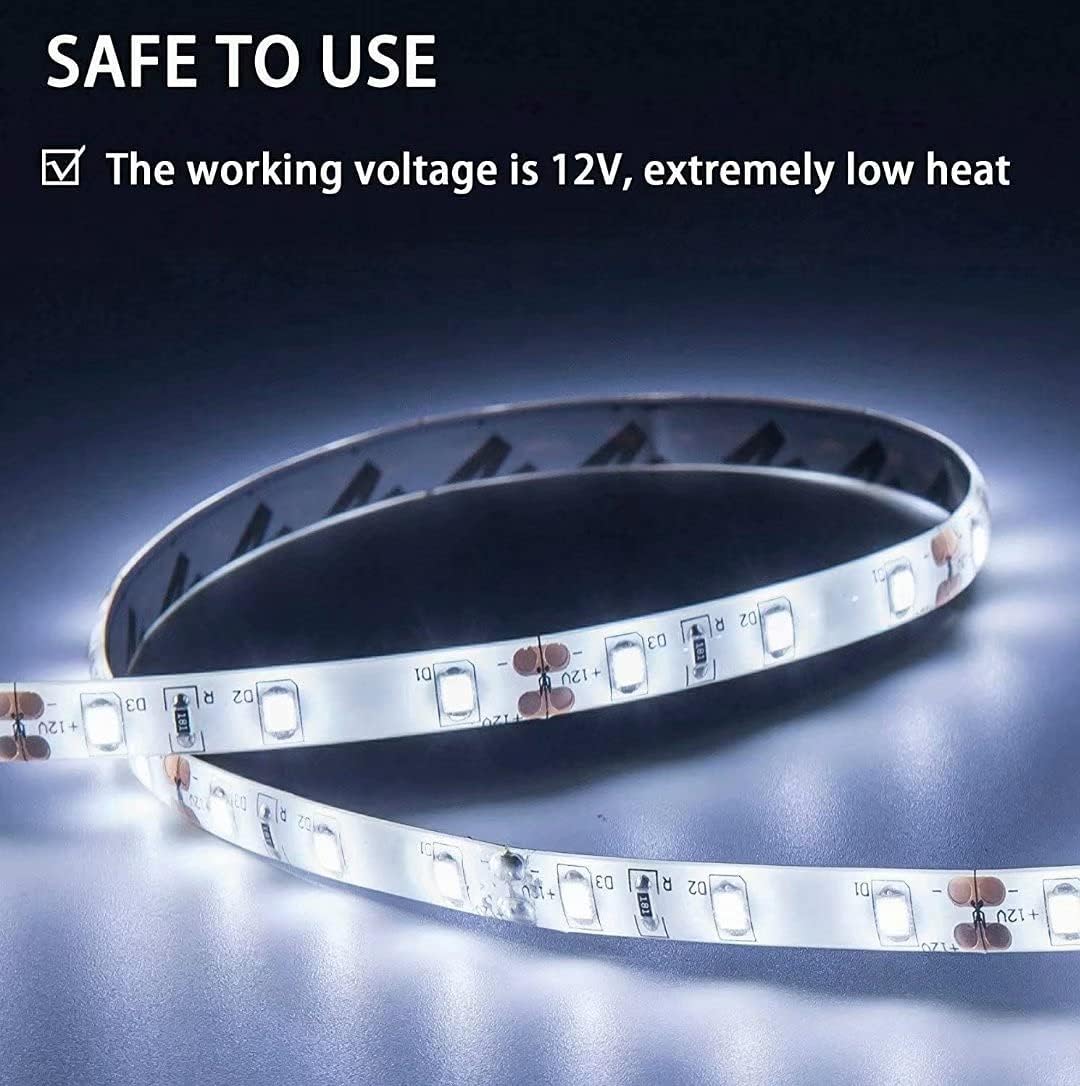 GUOTONG White LED Strip Lights, Waterproof cuttable 300 SMD 2835 LED Tape, 6000K 12V 16.4ft/5m Flexible Ribbon, Kitchen Cabinet Lighting, Outdoor/Indoor (No Power Supply)