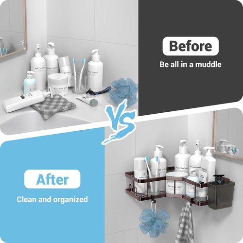 AKTECKE Shower Caddy - 2-Pack Corner Organizer with Adhesive Shelves & Hooks | No-Drill Stainless Steel Bathroom Storage