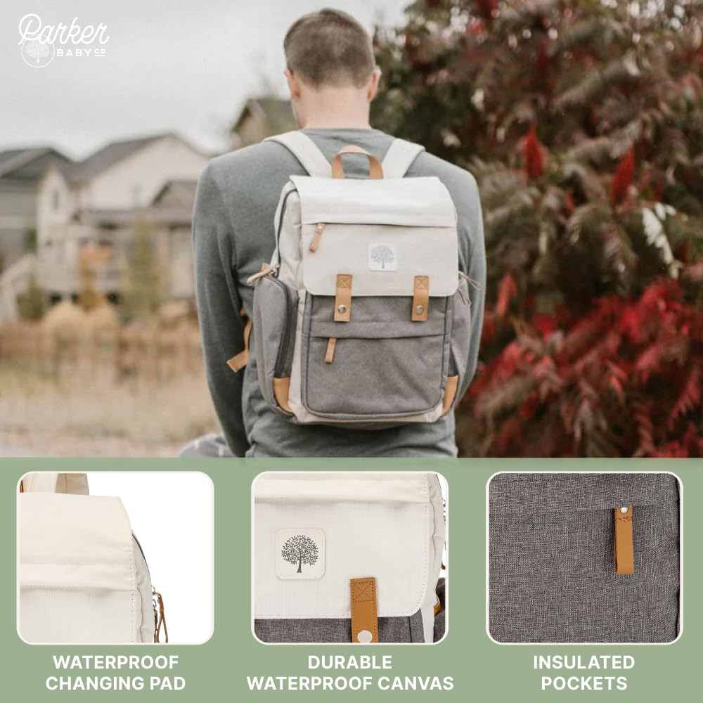 Parker Baby Diaper Backpack - Large Cream Diaper Bag with Insulated Pockets & Stroller Straps
