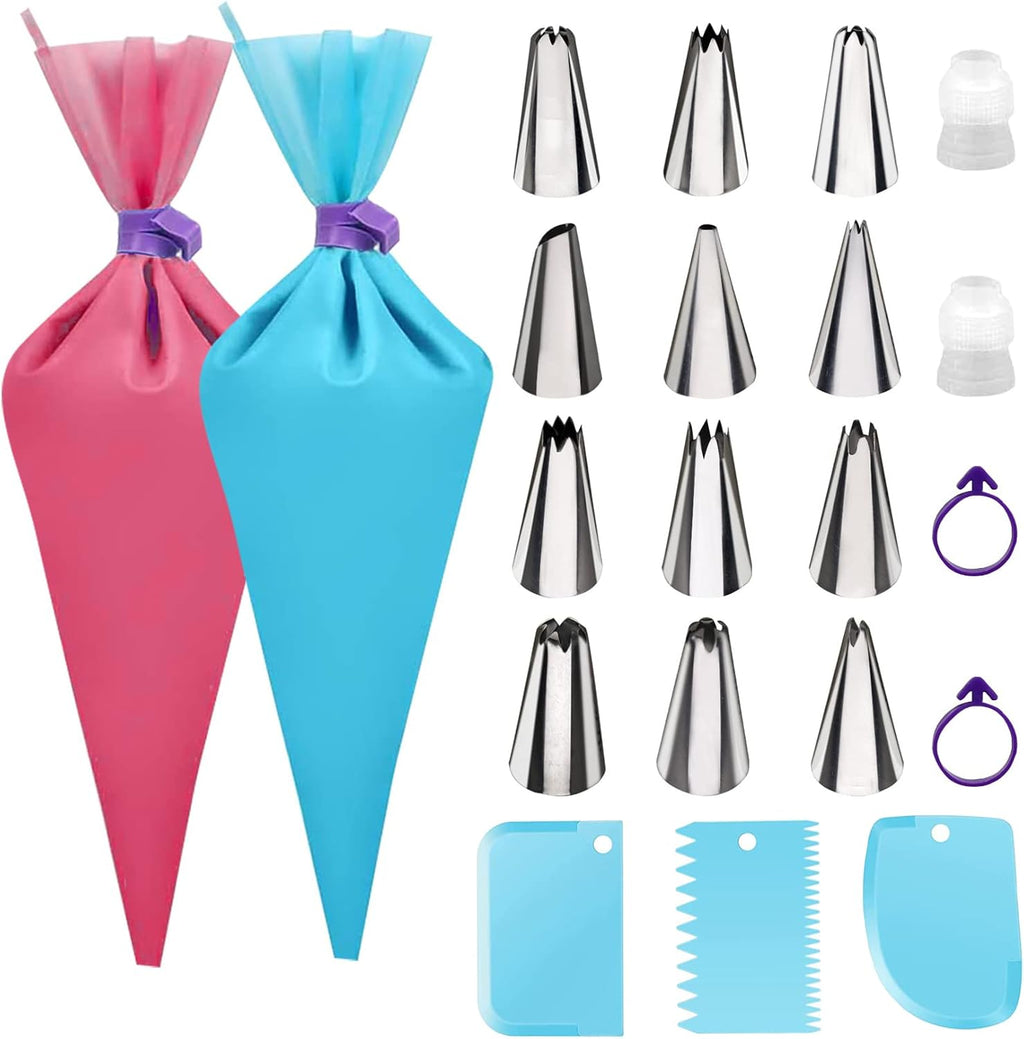 Skiennix Piping Bags and Tips Set - 12-Inch Reusable Icing Bags with 12 Frosting Tips & Accessories