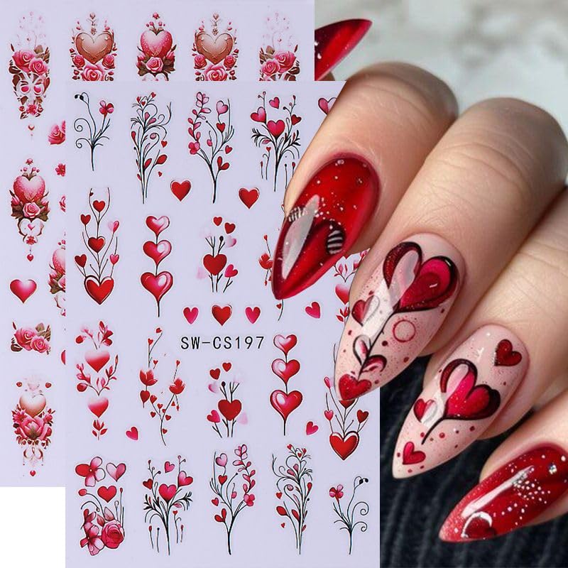 Valentine Nail Art Stickers 6 Sheets Wine Red Heart Rose Decals