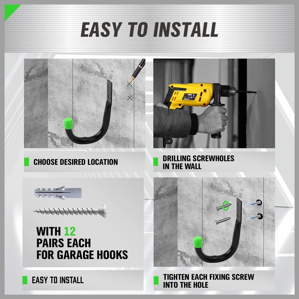 SWANLAKE Heavy Duty Garage Storage Hooks - Durable Wall Utility Hooks in Black (6 Pack)