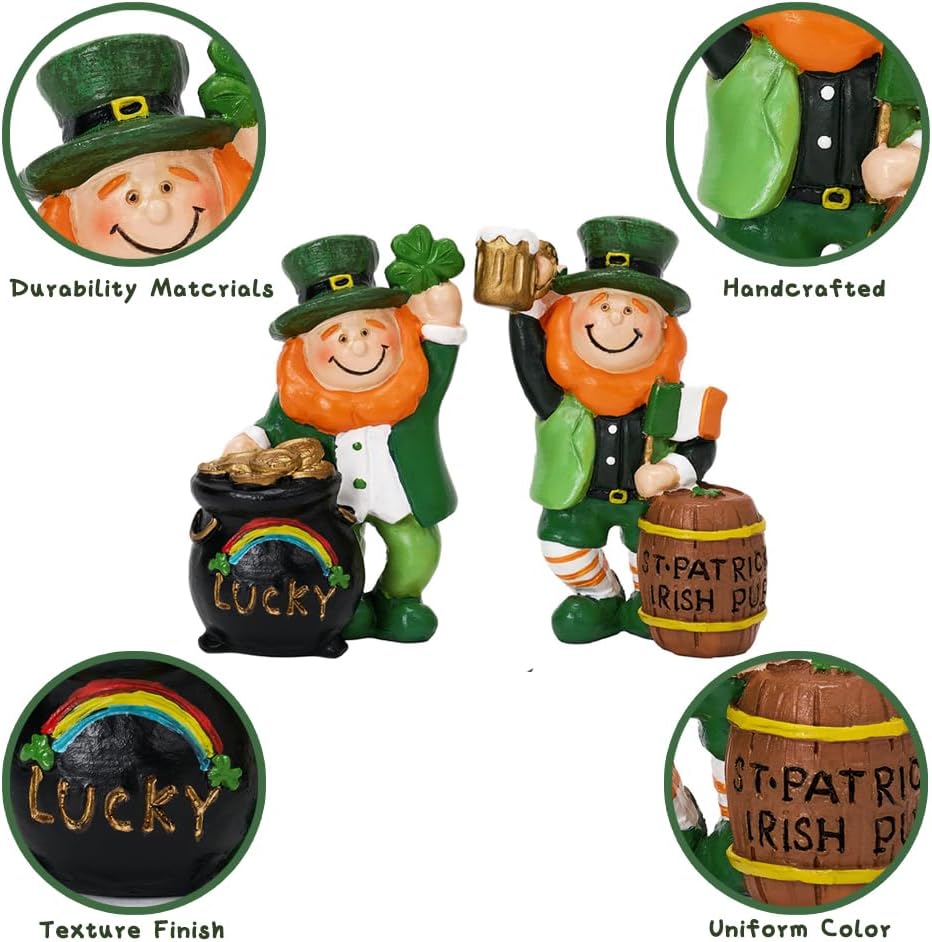 Skiennix St. Patrick's Day Gnome Figurines - 2 Pcs Leprechaun Home Decor for Spring | Indoor Table Display