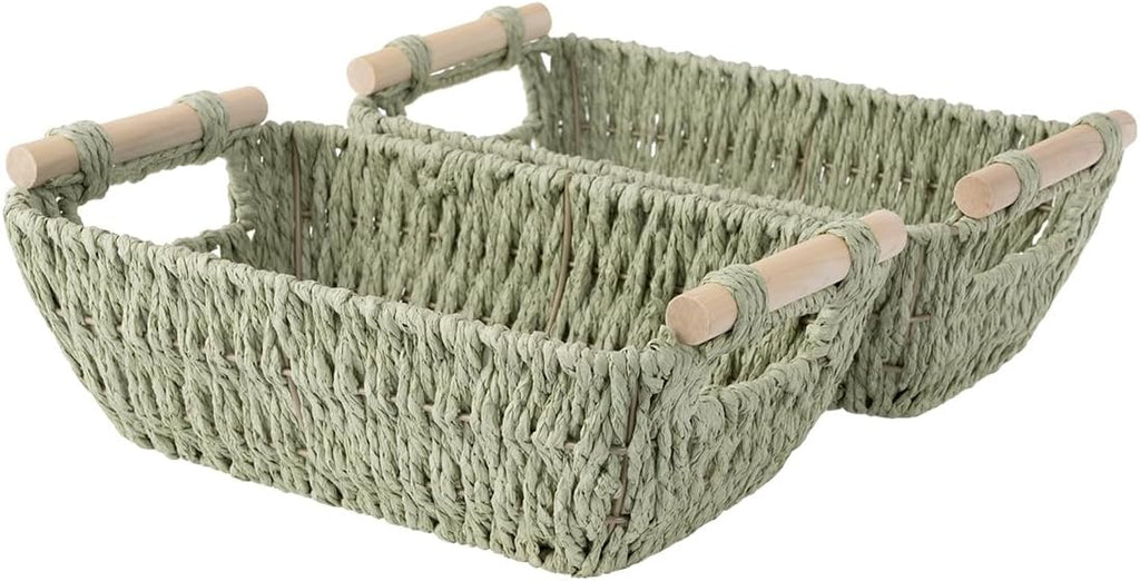 StorageWorks Round Woven Basket Set - Paper Rope with Wooden Handles | Bosana Green, 2-Pack