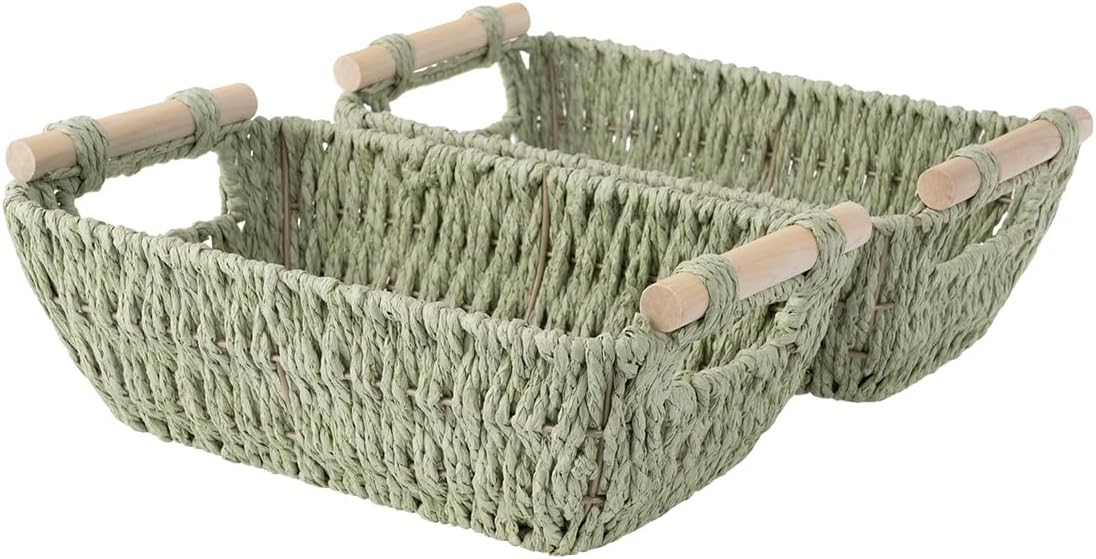 StorageWorks Round Woven Basket Set - Paper Rope with Wooden Handles | Bosana Green, 2-Pack