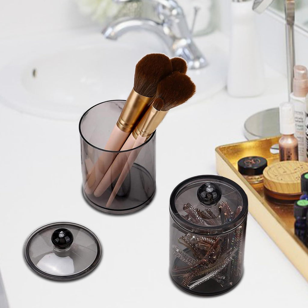 Skiennix Cotton Bud Dispenser - Clear Black Round Holder | 10 oz Apothecary Jar for Bathroom Storage