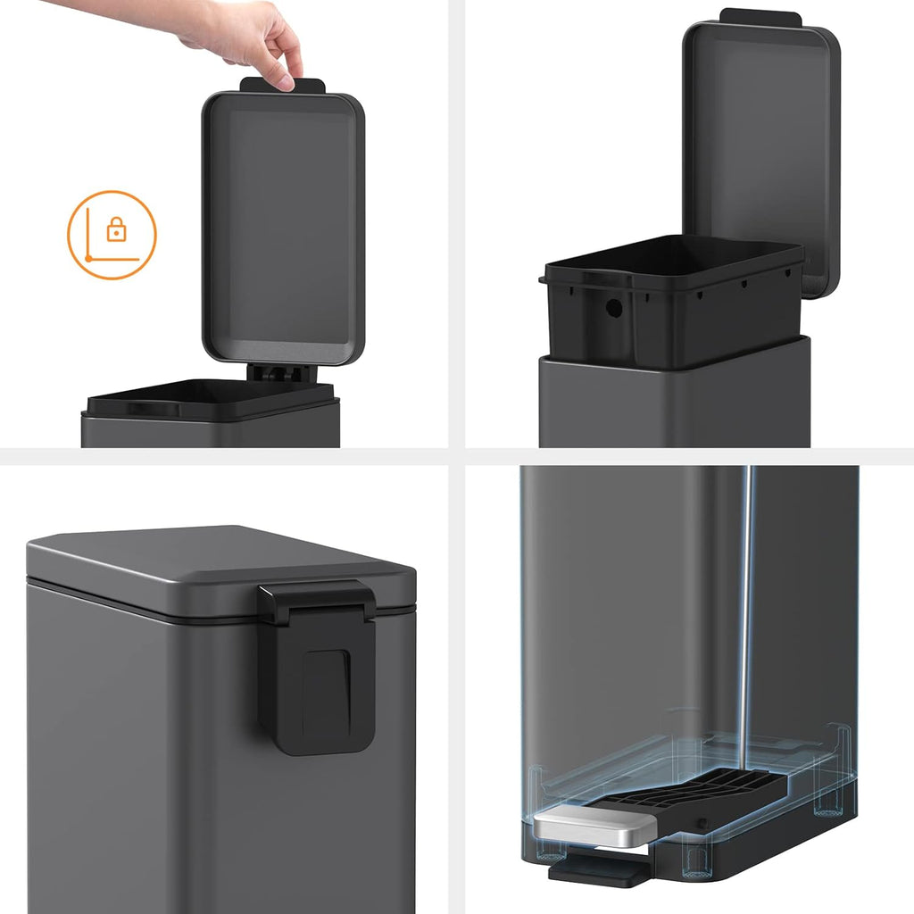Mbillion Slim Stainless Steel Bathroom Trash Can - 10 Liter Soft Close Step Pedal | Dark Grey Wastebasket