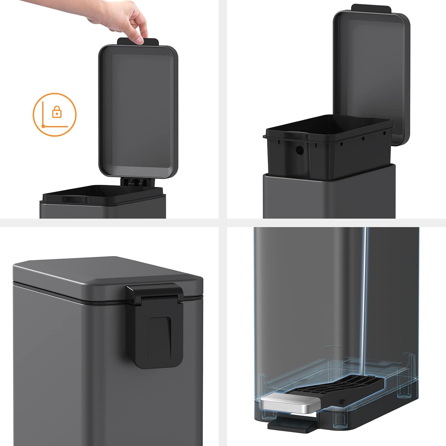 Mbillion Slim Stainless Steel Bathroom Trash Can - 10 Liter Soft Close Step Pedal | Dark Grey Wastebasket