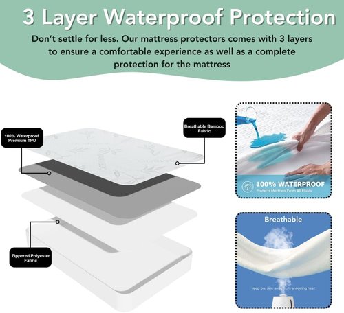 Bamboo Rayon Mattress Protector - 100% Waterproof Cooling Queen Size Cover + 2 Pillow Protectors | Ultra Soft & Breathable