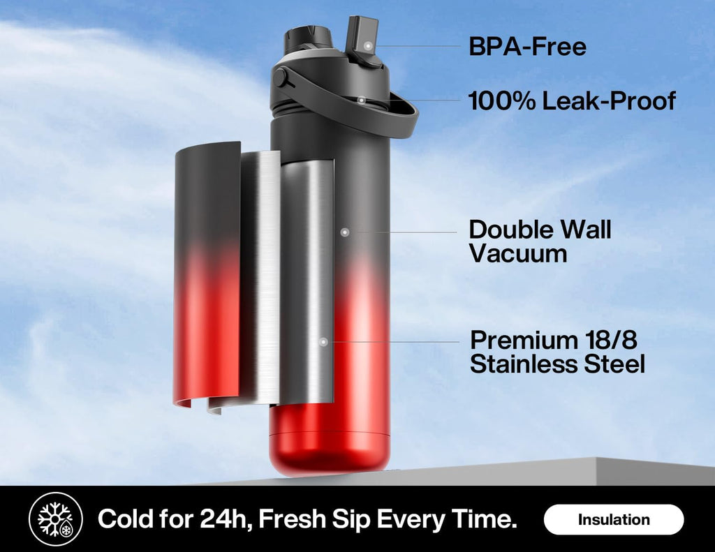 POWCAN 26 oz Insulated Water Bottle - 2-in-1 Straw & Spout Lid | Keeps Drinks Cold 24H, Leak-Proof, Fits Car Cup Holder