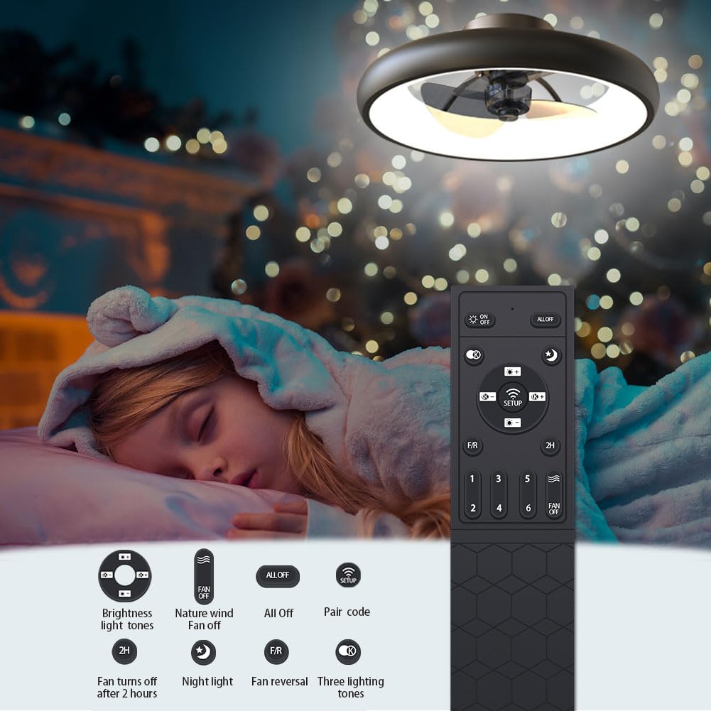 CIKASS Ceiling Fan with Lights Dimmable LED Reversible Blades Timing with Remote Control, 5 Invisible Blades Semi Flush Mount Low Profile Fan (18.9, Black)