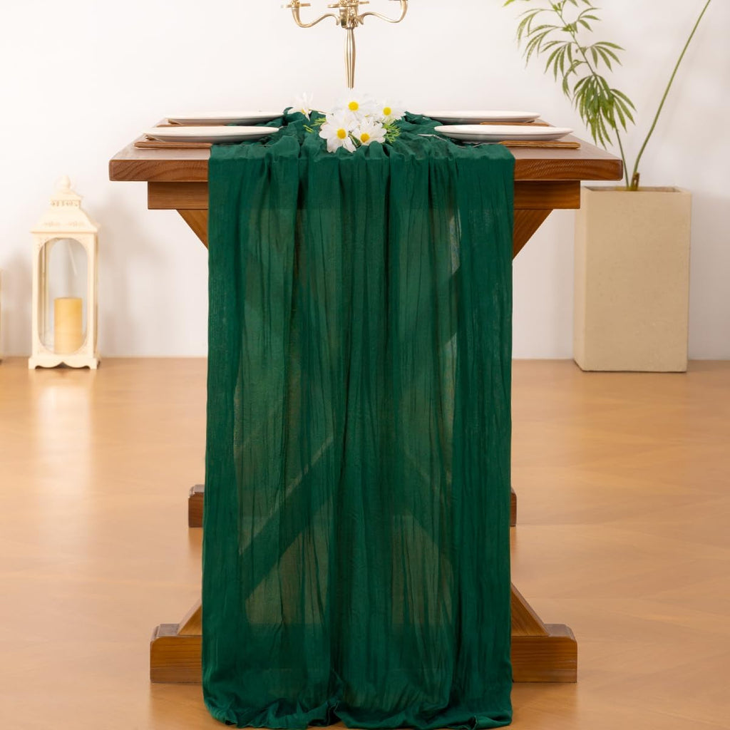 Socomi Emerald Green Cheesecloth Table Runner - 120 Inch Rustic Gauze for Weddings & Events