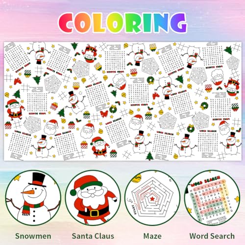 Christmas Coloring Tablecloth for Kids - Santa Snowman Maze Crafts 54x108 Inches - 1 Pack
