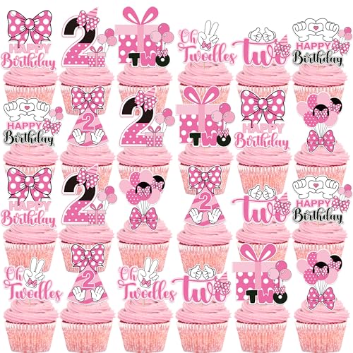 Oh Twodles Cupcake Toppers Set - 24 Pink Mouse Birthday Decorations