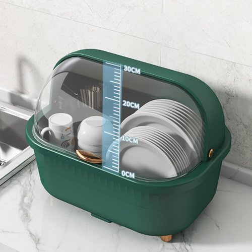 NOENNULL Dish Drying Rack and Drain Board with Lid Cover, Nursing Bottle Holder, Kitchen Plate Cup Tray Cutlery Drainer (L)