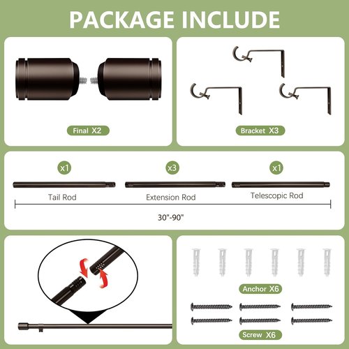 Antique Bronze Curtain Rods by [Brand Name] - Adjustable 30-90 Inch for 30-84 Inch Windows