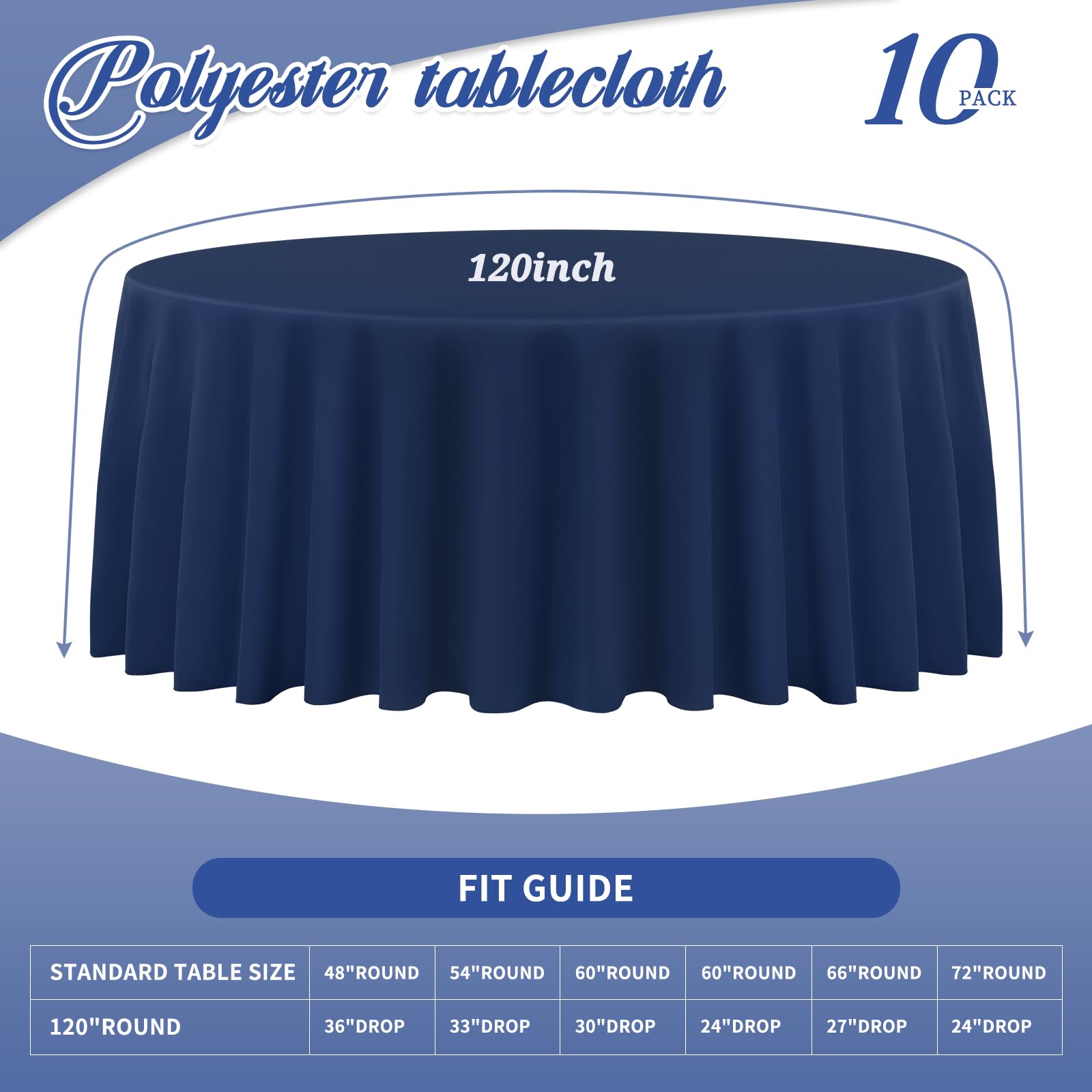 Teruntrue 10 Packs Premium Round Tablecloth 120 Inch Navy Blue Polyester Table Cloth Bulk Washable Fabric Tablecloths Cover for Wedding Party Banquet Buffet Holiday Dinner (120 Inch) TC534H