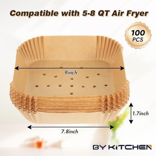 BYKITCHEN Perforated Air Fryer Liners - 100PCS 9-Inch Disposable Parchment Paper for Ninja, Chefman, Instant Vortex & Cosori