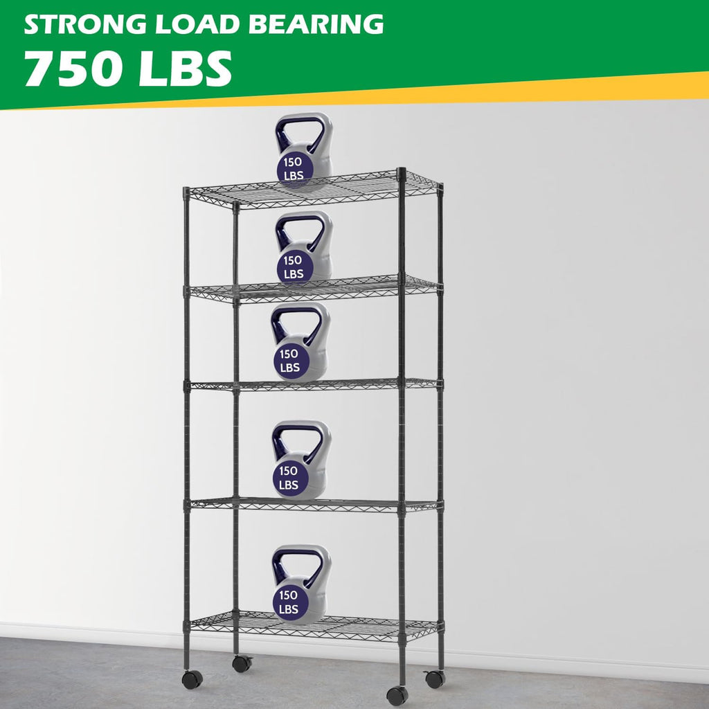 PayLessHere 5-Tier Wire Shelf with Wheels - Adjustable Heavy-Duty Storage Rack | 14"x30"x60" | Black, Rust-Resistant, Easy Assembly