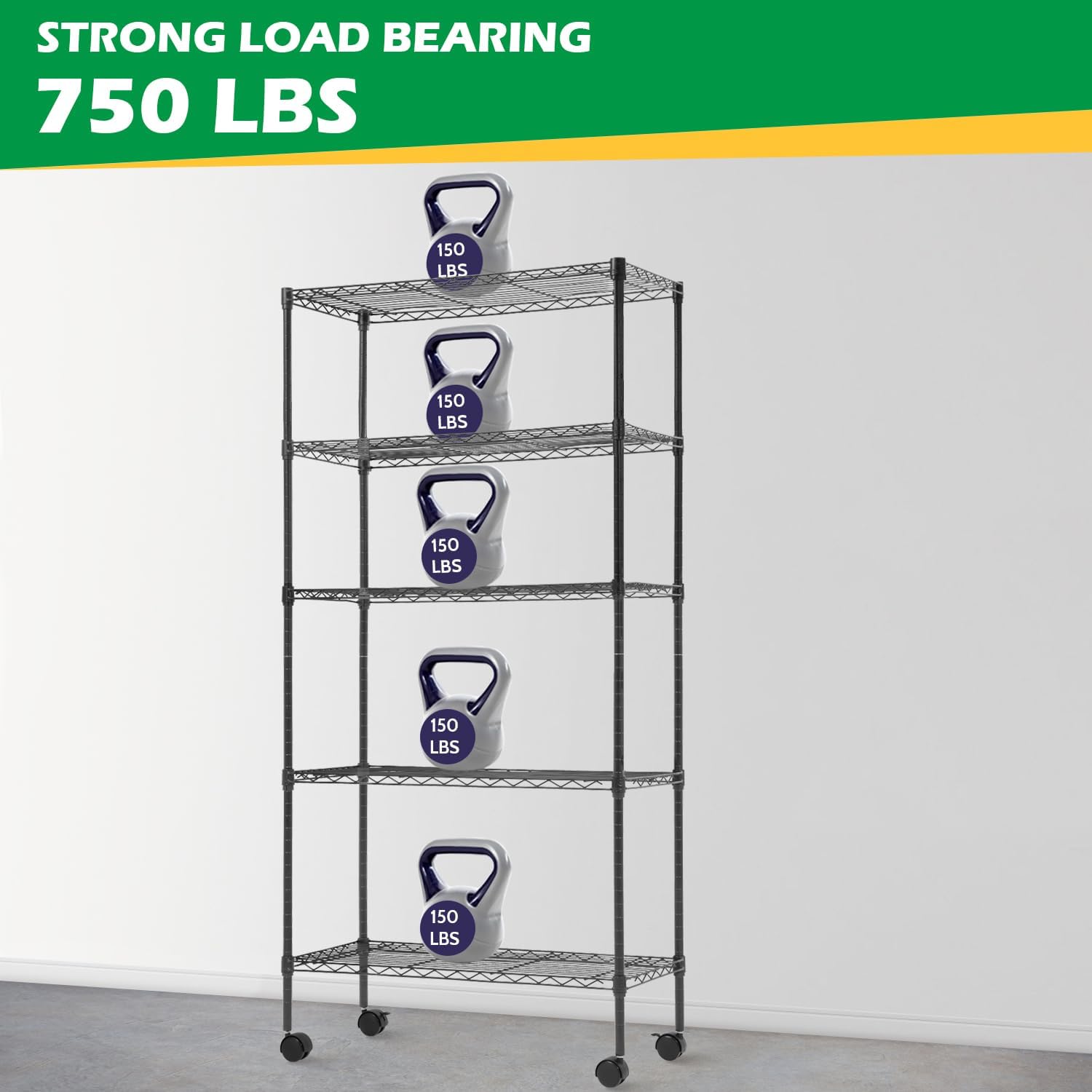 PayLessHere 5-Tier Wire Shelf with Wheels - Adjustable Heavy-Duty Storage Rack | 14"x30"x60" | Black, Rust-Resistant, Easy Assembly