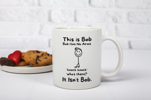 This Is Bob Funny Stickman Figure Coffee Mug - Bob Has No Arms Adult Humor Mug for Him Husband Boyfriend Gift Idea - Hilarious Birthday Presents for Office Coworker or Dad - 11 oz White Novelty Cup
