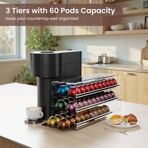 Acrylic Coffee Pod Drawer for Nespresso Vertuo Capsules, 3 Tier 60 Capacity Pods Organizer for Countertop Coffee Bar Home Office Kitchen
